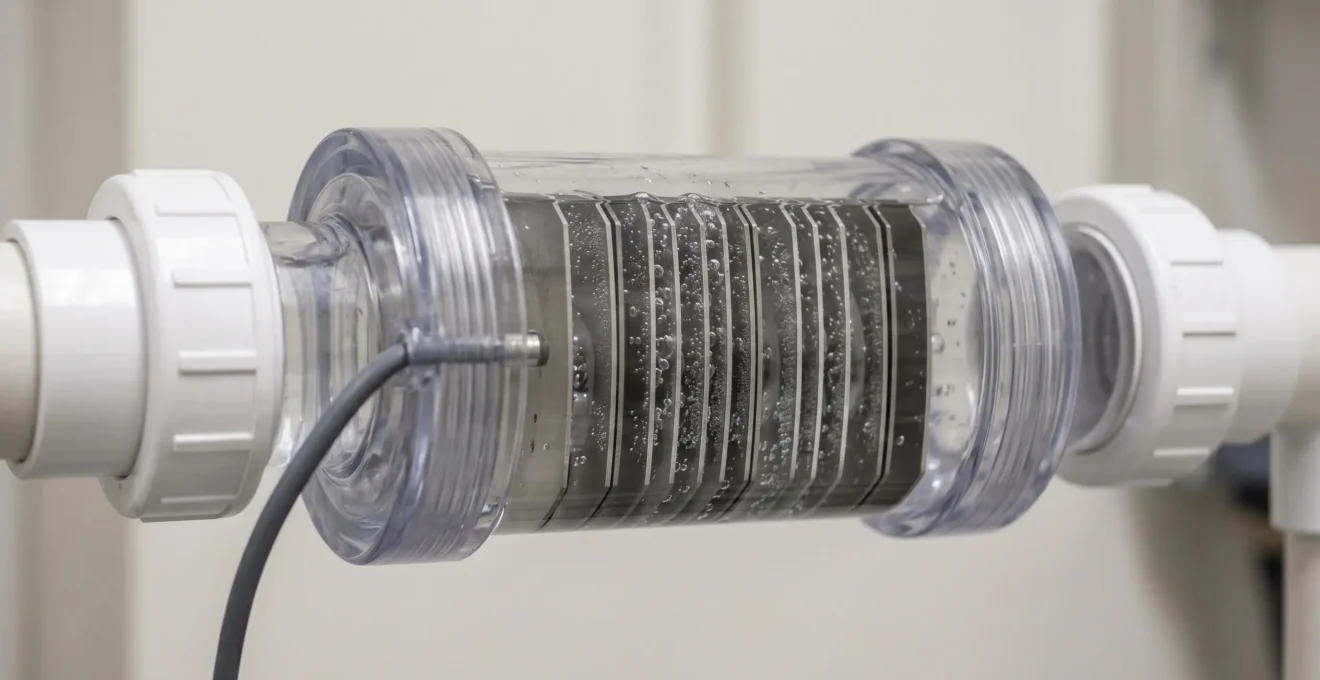 Cellule d'électrolyse au sel transparente montrant plaques électrodes métalliques parallèles avec eau circulant entre elles, raccordée à tuyauterie PVC blanche