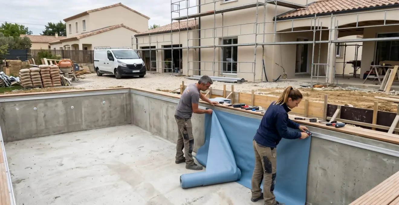 Chantier d'installation de liner PVC bleu sur-mesure dans bassin béton rectangulaire 20 mètres, deux installateurs professionnels déployant le matériau avec rails aluminium et outillage spécialisé