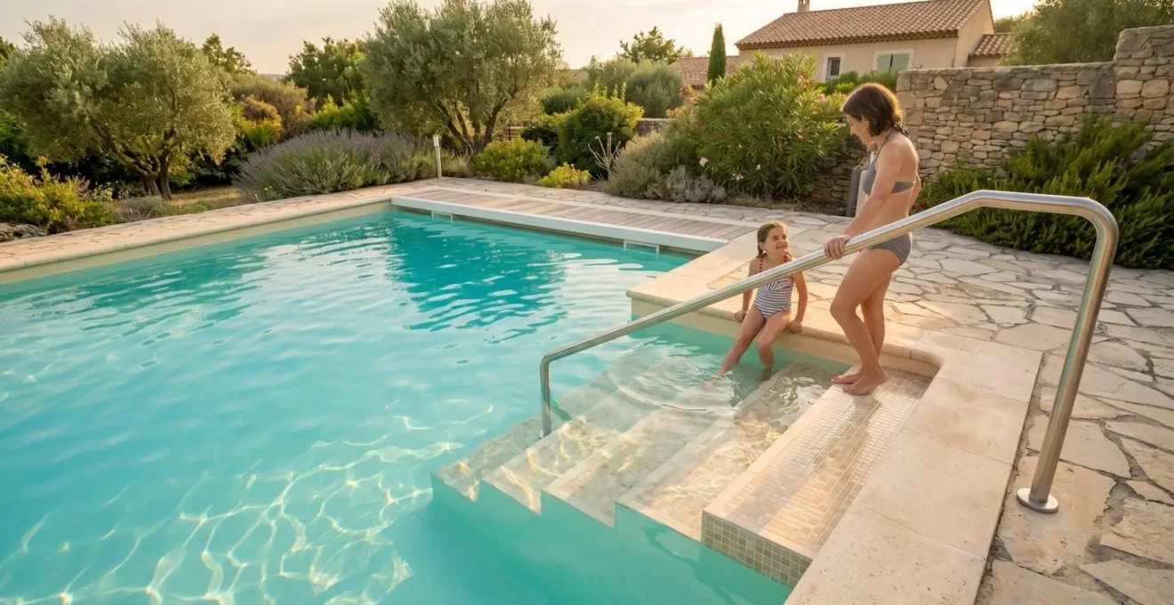 Escalier romain en béton carrelé mosaïque claire intégré dans piscine coque polyester avec rampe inox 316L, enfant assis sur marche et parent debout tenant la main courante, jardin résidentiel français en arrière-plan