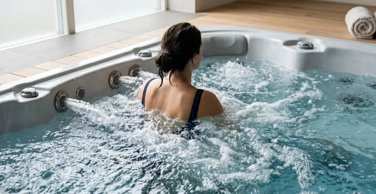Gros plan sur les jets hydromassants d'un spa de nage en action avec personne immergée de dos, eau turbulente avec bulles et remous, éclairage tamisé et ambiance zen