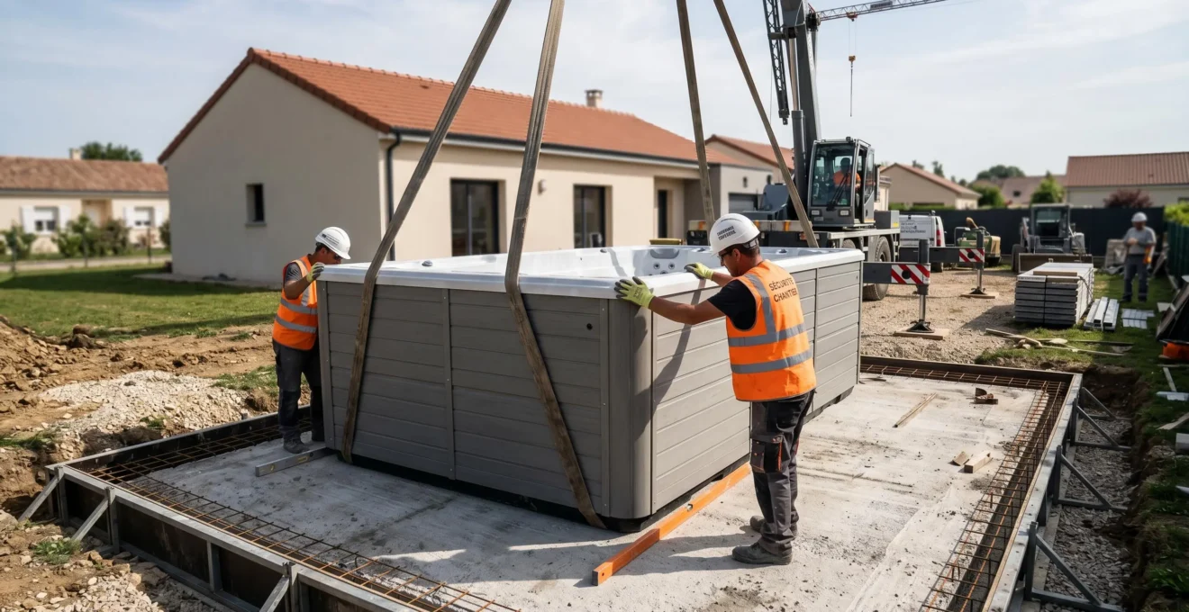Livraison et installation d'un spa de nage monobloc par grue dans un jardin résidentiel français, deux ouvriers en tenue de chantier guidant la pose sur dalle béton
