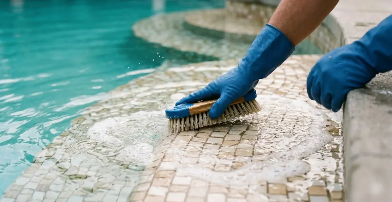 Mains gantées bleus brossant avec brosse à poils raides marche escalier piscine mosaïque beige sous eau peu profonde, mousse blanche et éclaboussures visibles