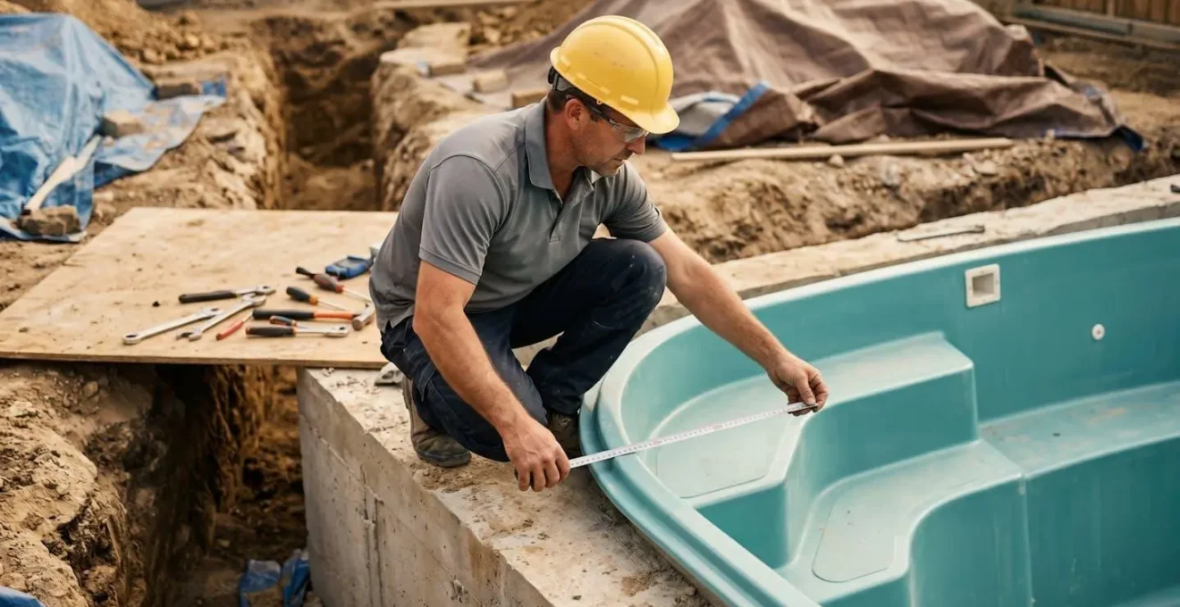 Pisciniste professionnel avec casque de chantier mesurant largeur marche escalier piscine coque avec mètre-ruban montrant 60cm, environnement chantier avec terre excavée et outils