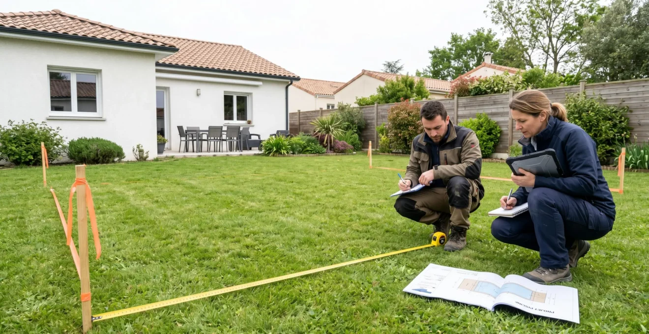 Deux professionnels mesurant un terrain résidentiel français avec mètre ruban de 25 mètres, plans techniques au sol et piquets délimitant l'emprise future d'un couloir de nage