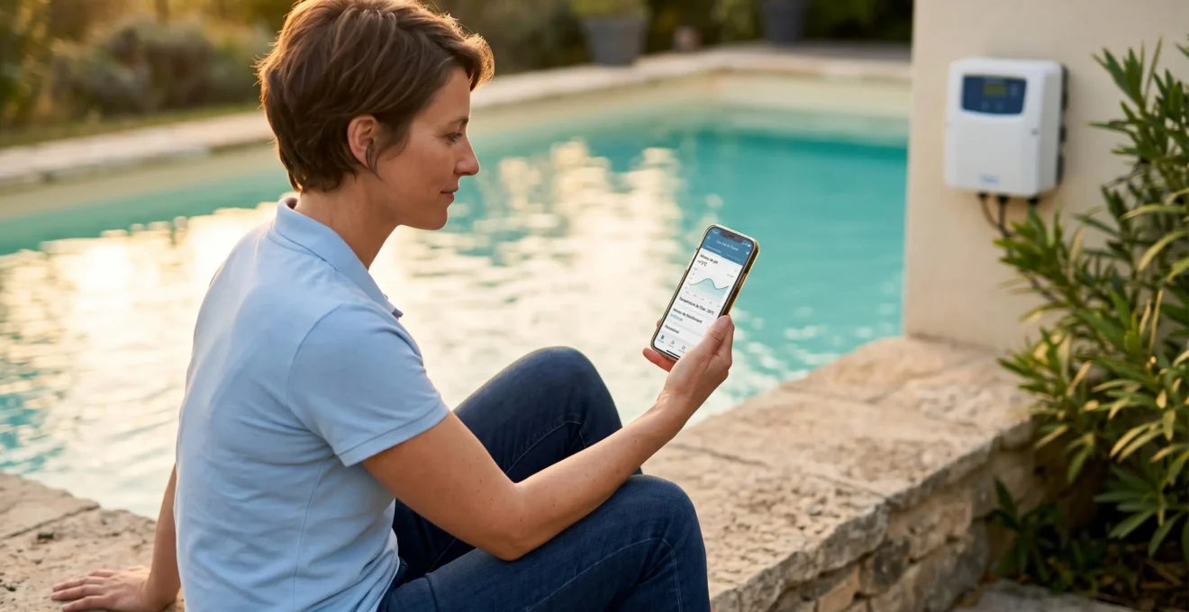 Propriétaire assis au bord de sa piscine consultant application de pilotage sur smartphone, régulateur pH visible au mur en arrière-plan