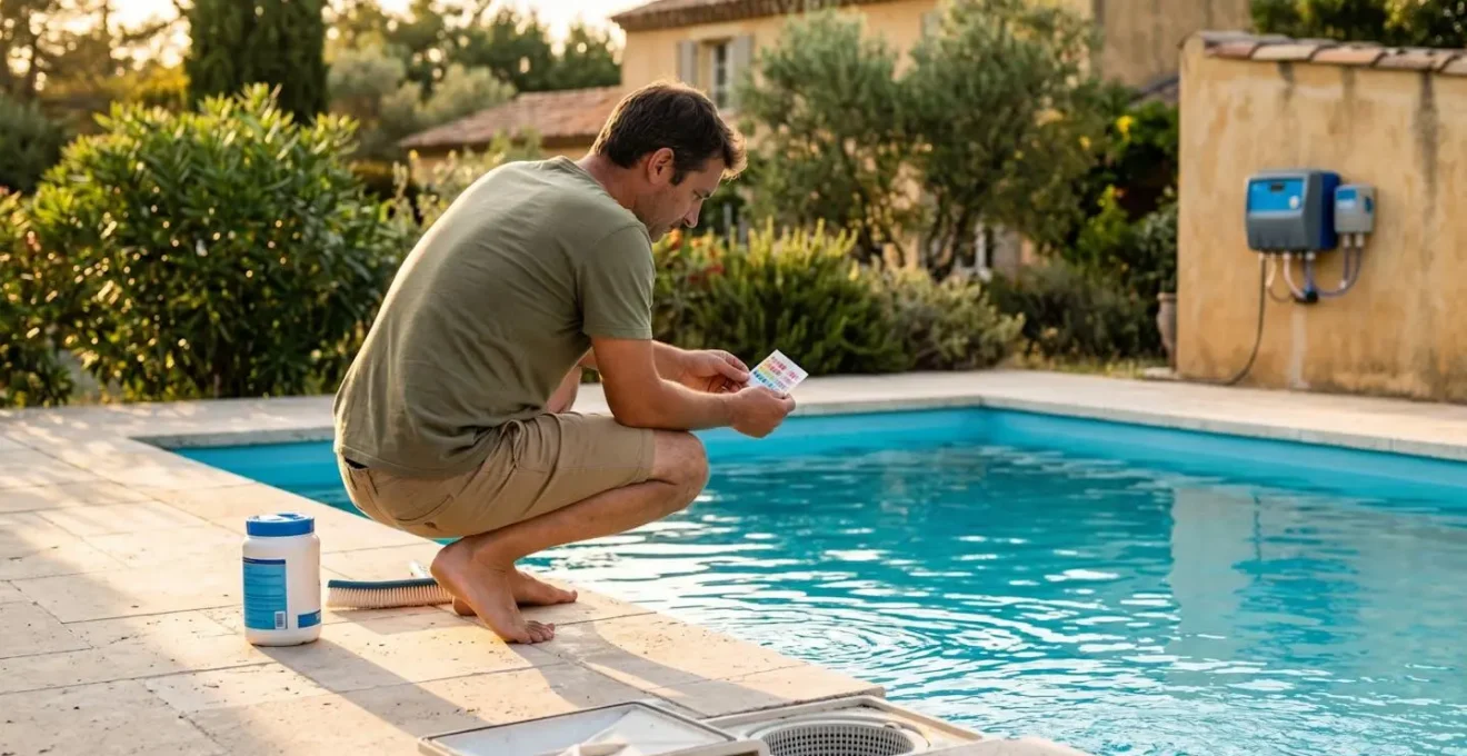 Propriétaire testant l'eau de sa piscine enterrée avec bandelettes colorées, matériel de traitement chimique visible sur la margelle en pierre claire