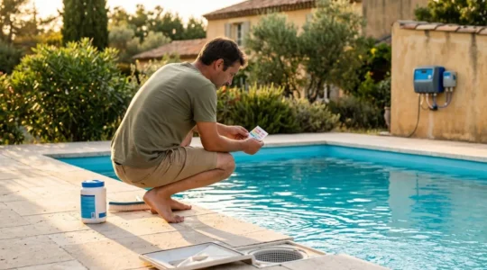 Propriétaire testant l'eau de sa piscine enterrée avec bandelettes colorées, matériel de traitement chimique visible sur la margelle en pierre claire