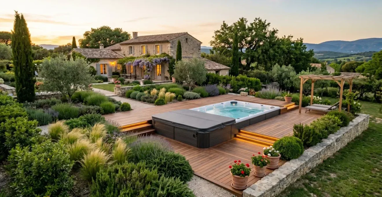 Spa de nage semi-enterré intégré dans un jardin paysager français avec terrasse bois, végétation structurée et éclairage LED d'ambiance en début de soirée