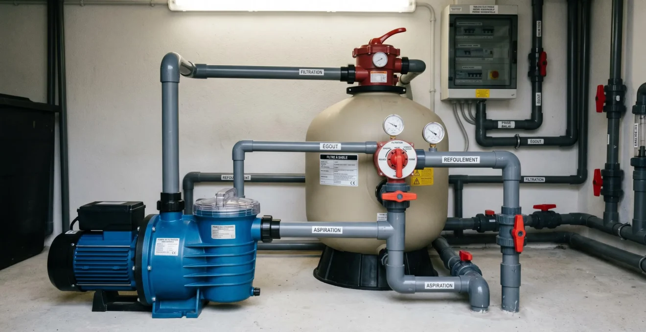 Système de filtration haute performance dans local technique avec pompe à vitesse variable bleue, filtre à sable beige, manomètres, tuyauterie PVC et vannes multivoies, étiquetage français visible