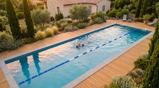 Vue aérienne d'un couloir de nage résidentiel de 25 mètres avec nageur en mouvement, lignes anti-vagues bleues, margelles grises et entourage bois, jardin méditerranéen en arrière-plan sous lumière d'après-midi
