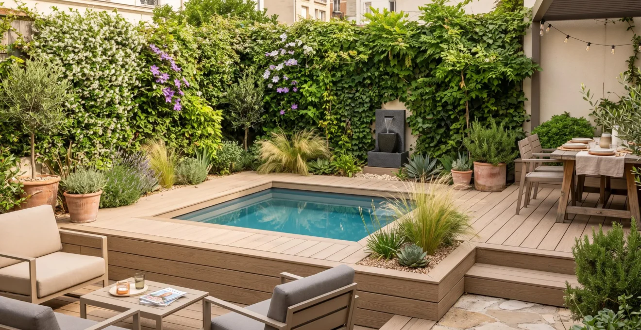 Aménagement paysager autour d'une petite piscine avec terrasse en bois à plusieurs niveaux, mur végétal et fontaine murale dans un jardin urbain
