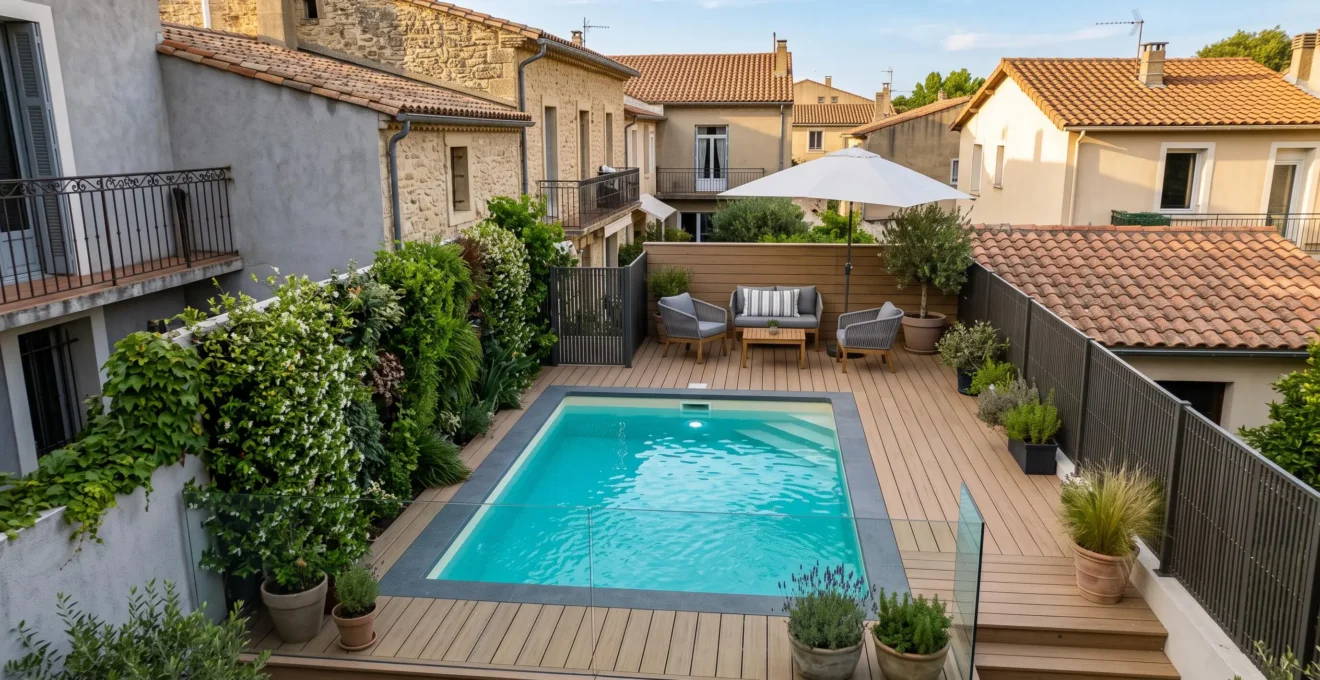 Une mini-piscine moderne installée dans un petit jardin urbain avec terrasse en bois et végétation verticale optimisant l'espace disponible