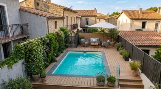 Une mini-piscine moderne installée dans un petit jardin urbain avec terrasse en bois et végétation verticale optimisant l'espace disponible