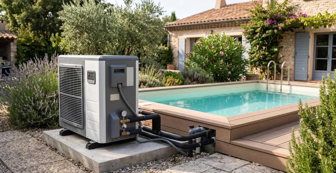 Pompe à chaleur compacte installée à proximité d'une petite piscine résidentielle, adaptée aux volumes réduits