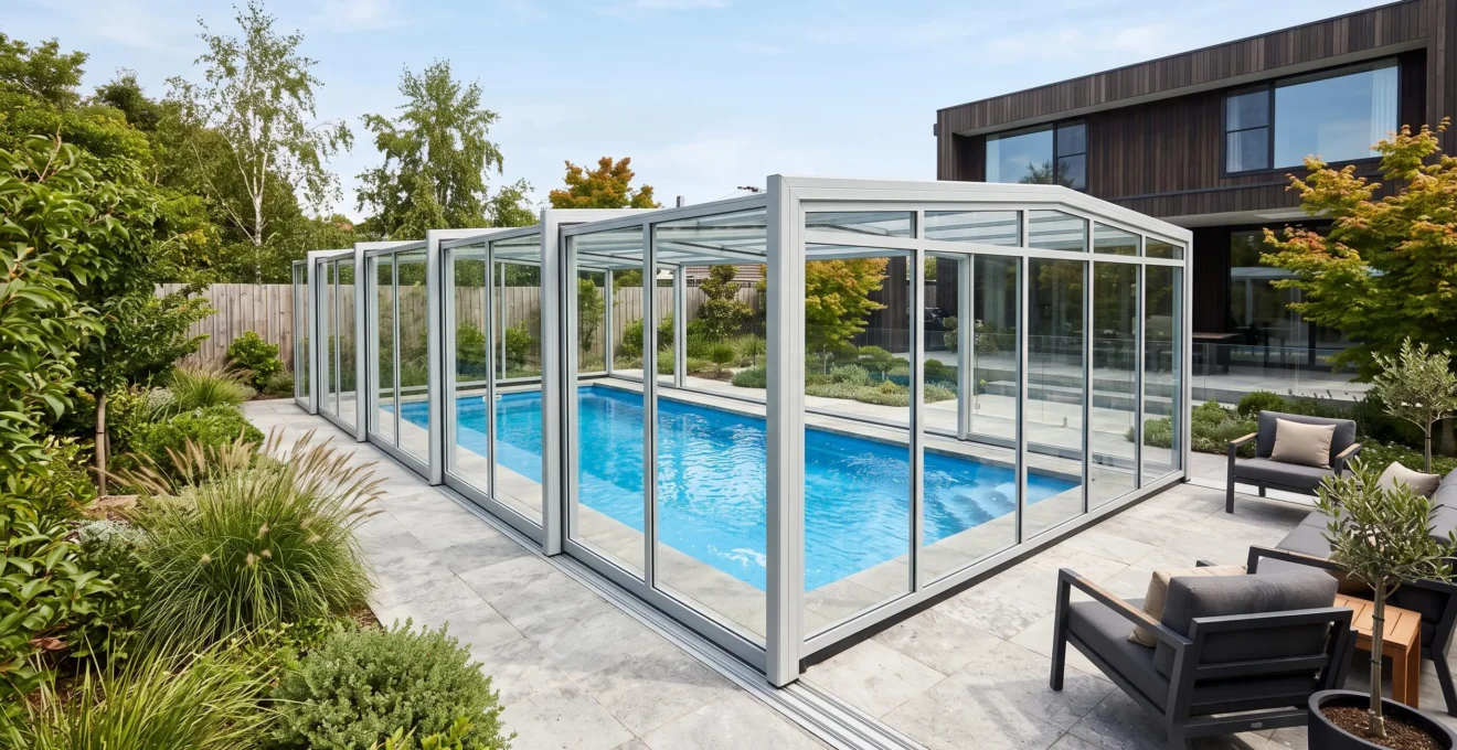 Vue d'ensemble d'un abri de piscine mi-haut moderne avec structure en aluminium et panneaux transparents couvrant une piscine dans un jardin résidentiel aménagé.
