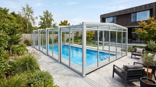 Vue d'ensemble d'un abri de piscine mi-haut moderne avec structure en aluminium et panneaux transparents couvrant une piscine dans un jardin résidentiel aménagé.