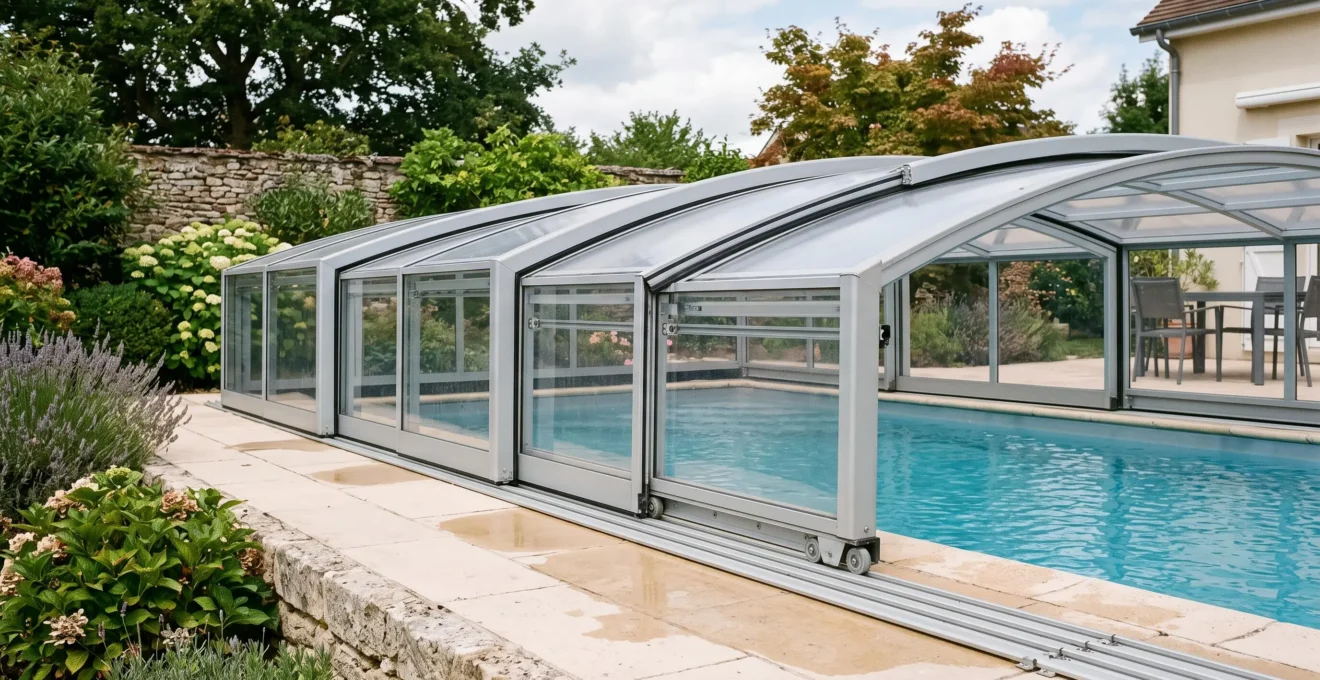Abri de piscine télescopique bas avec modules coulissants partiellement ouverts montrant le système rétractable.