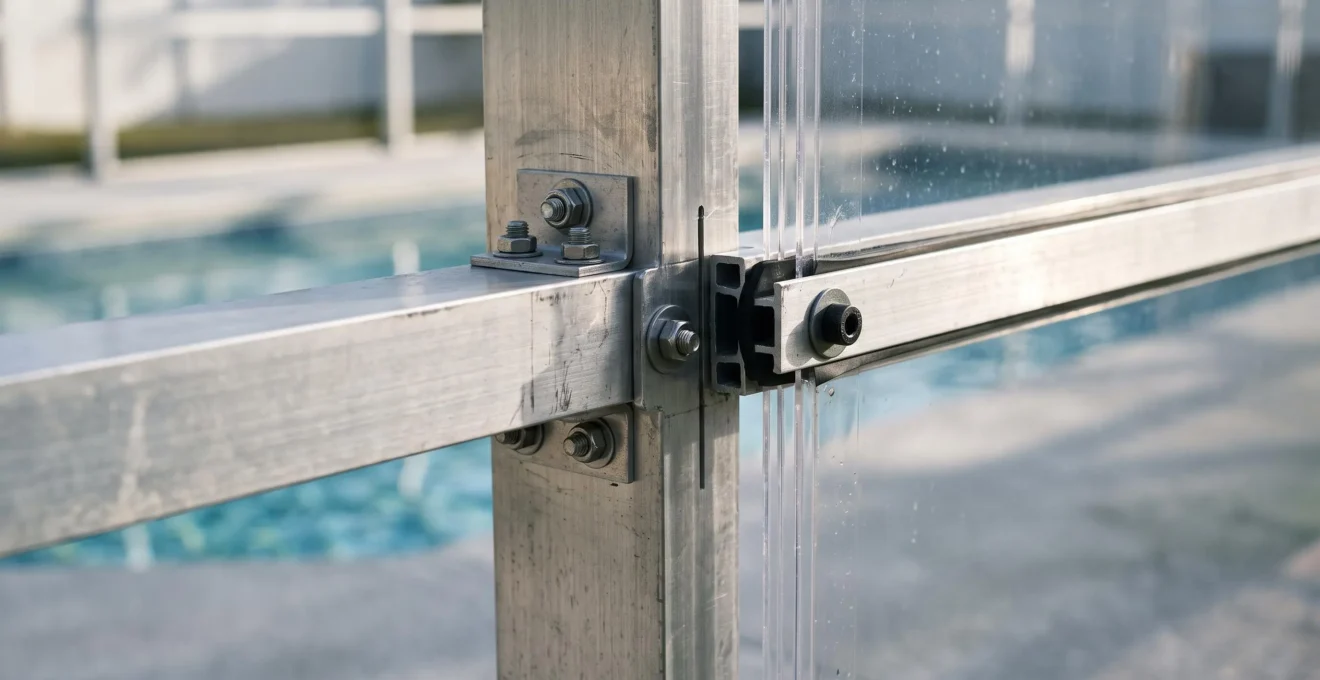 Gros plan sur les matériaux de construction d'un abri de piscine montrant la structure en aluminium et les panneaux transparents en polycarbonate ou verre.