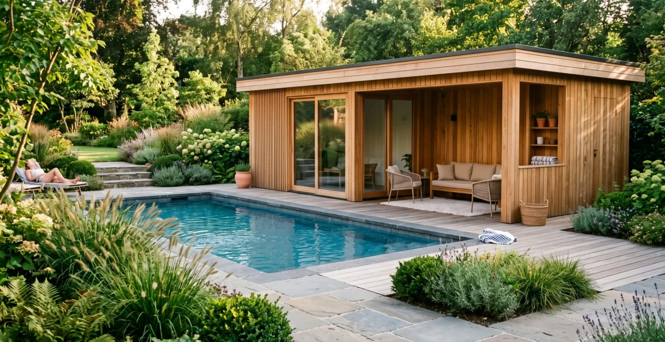Poolhouse contemporain en bois naturel installé à côté d'une piscine dans un jardin paysager avec terrasse en bois.